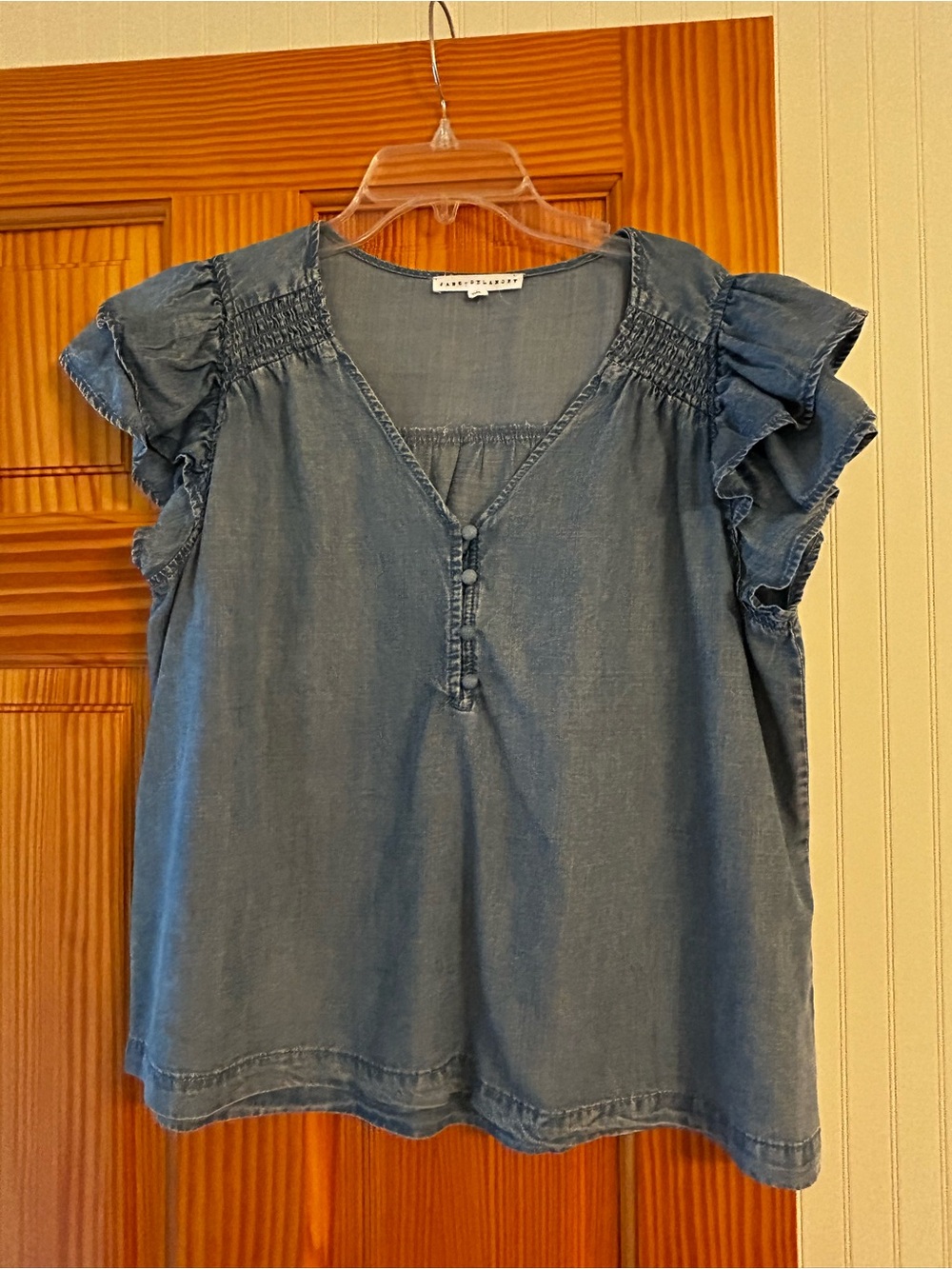 Jane and Delancey Chambray Blue Ruffle Sleeve V-Neck Top